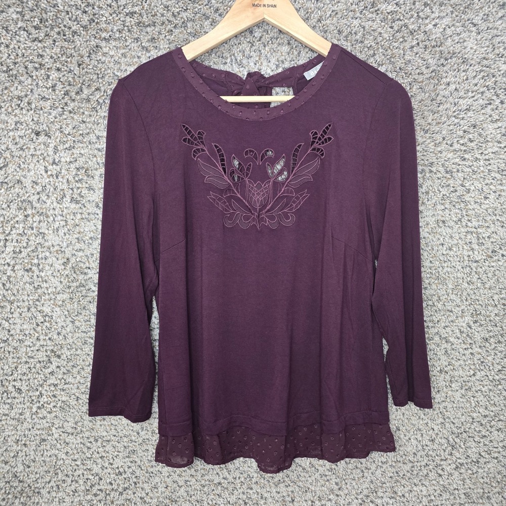 Daniel Rainn Top Womens Medium Purple Embroidered Stretch Tie Back Blouse Ladies